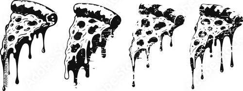 Dripping melting pizza slices with cheese and pepperoni, fast food illustration set