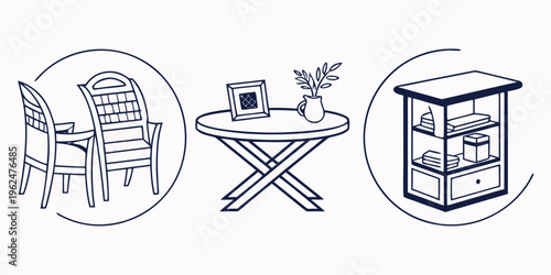 A cozy outdoor dining set with a table, chairs, and a cabinet for storage.