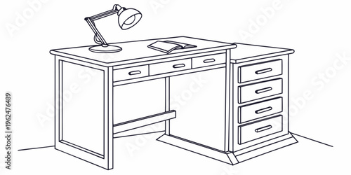 A vintage wooden desk with drawers and a lamp on top