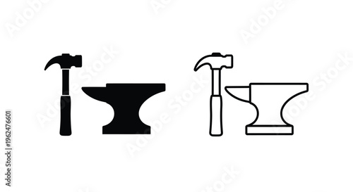Black and white illustration of blacksmith tools hammers and anvils
