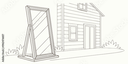 A large mirror stands in front of a small wooden house with a pitched roof.