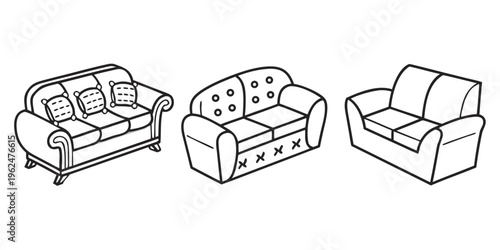 Three distinct sofas showcasing various designs and patterns in a minimalist illustration