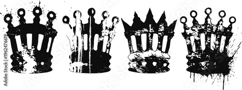Grunge black crowns set with splatters and rough textures, artistic silhouette design elements