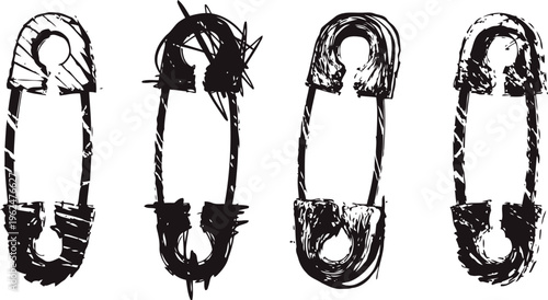 Grunge safety pins set four distressed black and white pin illustrations with rough textures and scratches