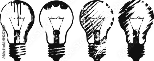 Four black vintage light bulbs with different dripping and grunge paint splatter textures