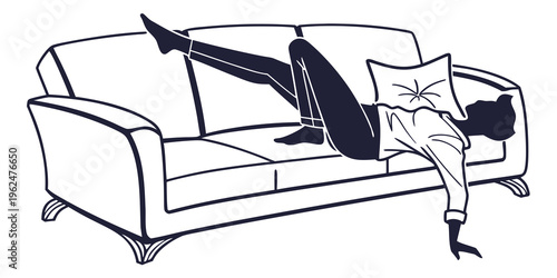 A woman in a black dress is lounging on a white couch with a pillow.