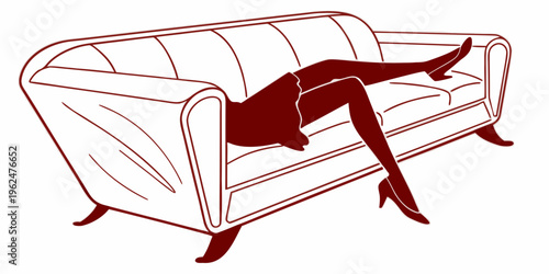 Elegant white sofa with a striking red accent cushion and a woman's legs crossed.