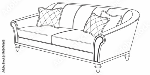 A classic beige sofa with tufted cushions and wooden legs in a minimalist living room.