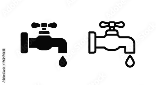 Two black and white illustrations of water taps with dripping drops