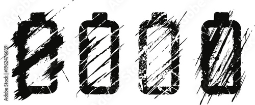 four hand drawn battery icons in different charge levels, from full to empty, sketch