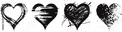 Four grunge black hearts with different distressed and scratched textures on white background