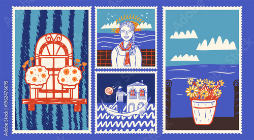 Hand drawn travel postage stamp collection. Vacation cards design with mediterranean sea views, venice gondola, window with flowers and woman at sunset.