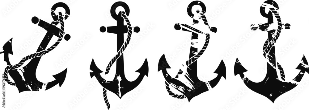 Fototapeta premium Set of four black grunge anchors with ropes wrapped around nautical marine sea symbol icons