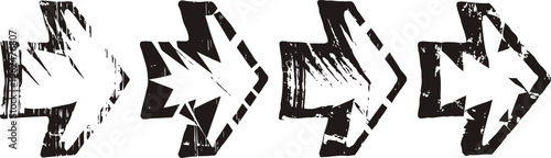 set of four grunge black arrow icons pointing right, rough textured directional symbols