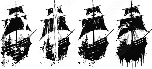 set of vintage sailing ship silhouettes with tattered sails and scattered ink splatter effects