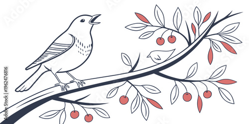 A bird perched on a branch adorned with red berries and delicate leaves