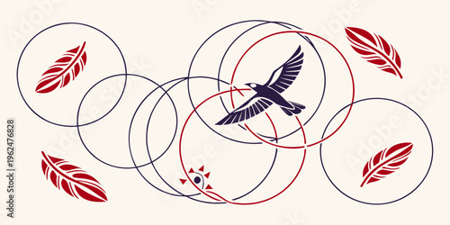 A bird in flight surrounded by autumn leaves and swirling patterns