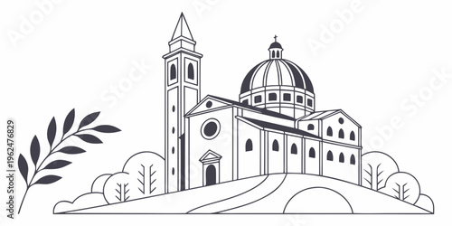 A serene depiction of a historic church surrounded by nature