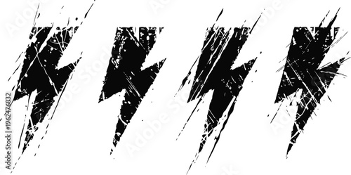 grunge lightning bolt icons set black and white distressed electric symbol designs in four variations