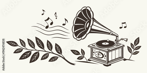 Vintage record player with musical notes and leafy branches in black and white