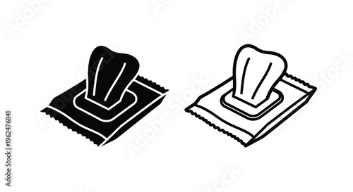 Black and white illustration of two folded disinfecting wipes on packaging