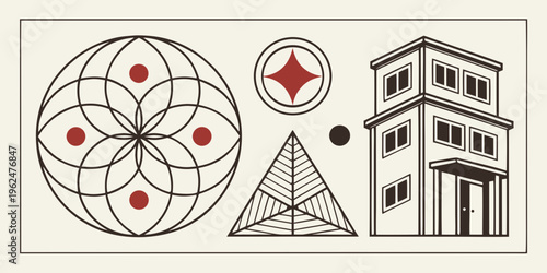 Mystical symbols and architectural elements in a single composition