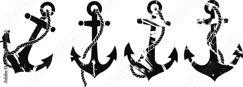 Set of four black grunge anchors with ropes wrapped around nautical marine sea symbol icons