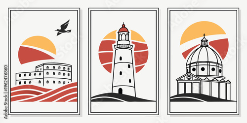 Iconic landmarks from around the world illustrated on postcards