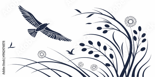 A graceful bat soaring above a field of delicate flowers and plants