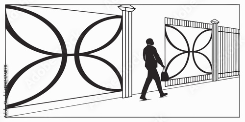 Man walking past a wall with abstract geometric designs in a park.