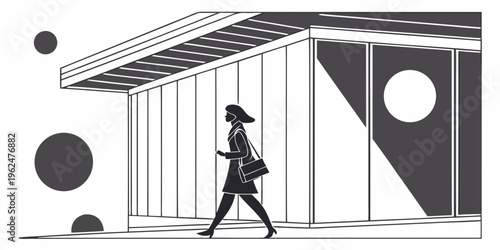 Woman walking past a modern building with geometric shapes and large windows