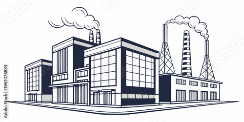 A detailed illustration of a large industrial complex with multiple buildings and factories.