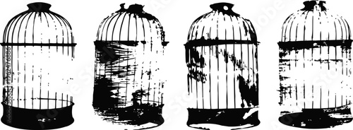 Vintage birdcage silhouettes old rusty cages in various worn conditions grunge black and white design elements