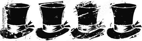 Vintage black top hats with decorative ribbons and clover leaves, assorted antique fashion accessories