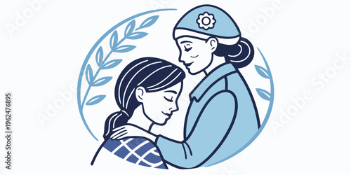 A mother and daughter share a tender moment in a serene, nature-inspired setting.