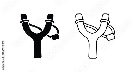 Two black and white illustrations of a classic slingshot design