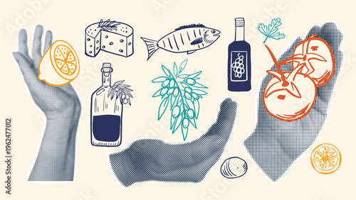 Hand drawn mediterranean food collage with halftone hand, fish, cheese and wine, olive branch and tomatoes. Culinary graphic design
