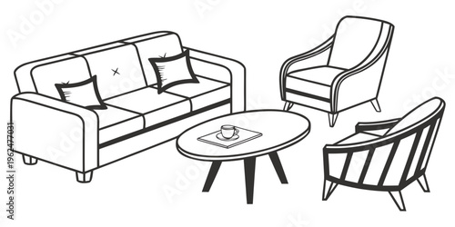 A cozy living room with a comfortable sofa, armchair, and a small round coffee table.