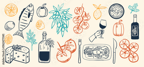 Mediterranean food and seafood set. Collection with fish, cheese, wine, olive branch, tomatos and lemons. Hand-drawn  sketch style for restaurant menu design