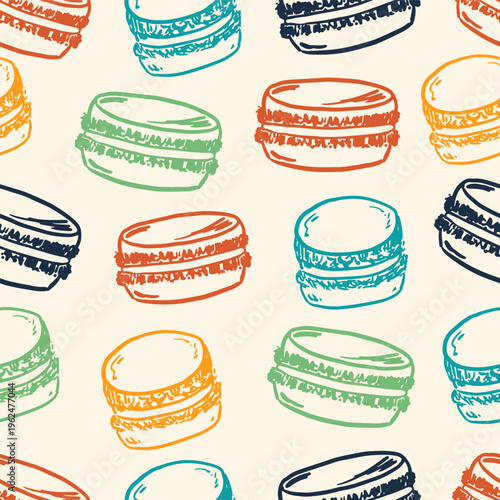 Seamless pattern with colorful french macaron cookies in hand-drawn doodle style. Bakery packaging and textile print design