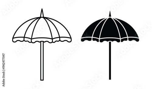 Silhouette of two classic beach umbrellas with scalloped edges and pointed tips
