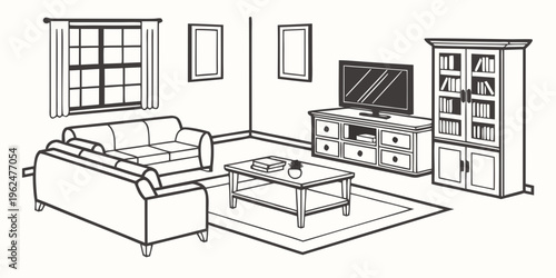 A cozy living room with a comfortable couch, a television, and a bookshelf.