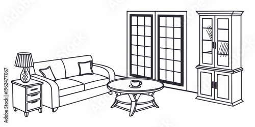 A cozy living room with a comfortable sofa, a coffee table, and a bookshelf.