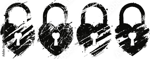 Set of four black grunge padlock icons with keyhole on white background, security concept