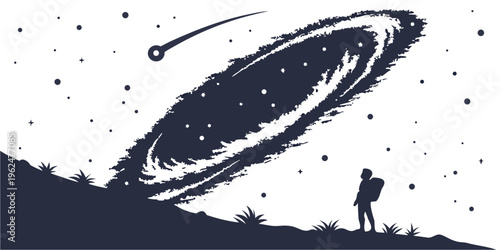 Astronomer gazes at a stunning galaxy in the night sky from a hilltop.