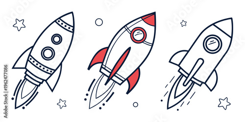 Three stylized rockets with different colors and designs taking off into space
