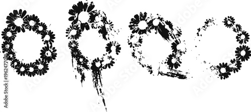 grunge floral wreath collection with daisies, distressed frames for design and decoration