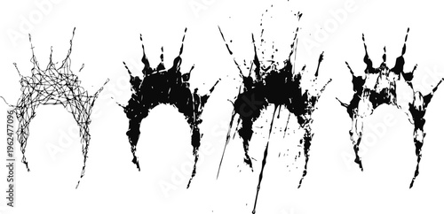 black liquid splashes in dynamic crown shapes isolated on white background, splash art splash vector