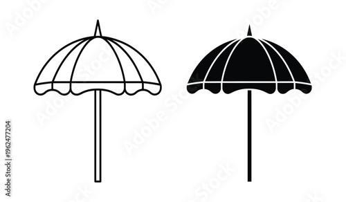 Silhouette of two classic beach umbrellas in black and white