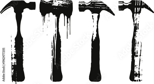 Grunge silhouette set of claw hammers with worn textures isolated on white background